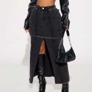 NEW FashionNova Black Washed Distressed Denim Cargo Maxi Skirt